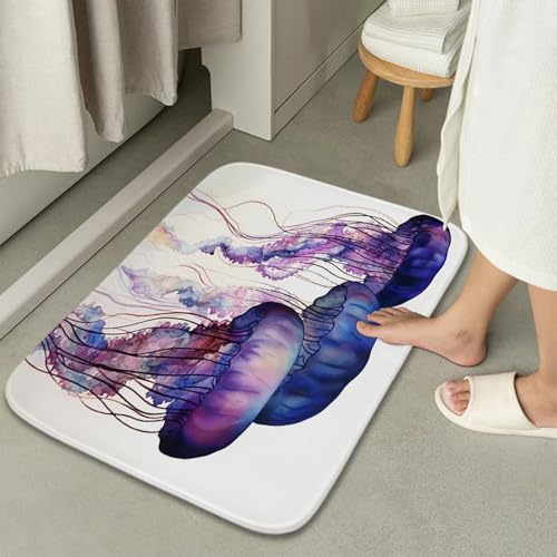 Bathroom Mat Set Ocean Nautical Tropical Modern Aesthetic Pretty Bathroom Rugs Sets 3 Piece Jellyfish, Memory Foam Bath Rugs, U-Shaped Toilet Rug Non Slip Absorbent Purple White - color: Color19