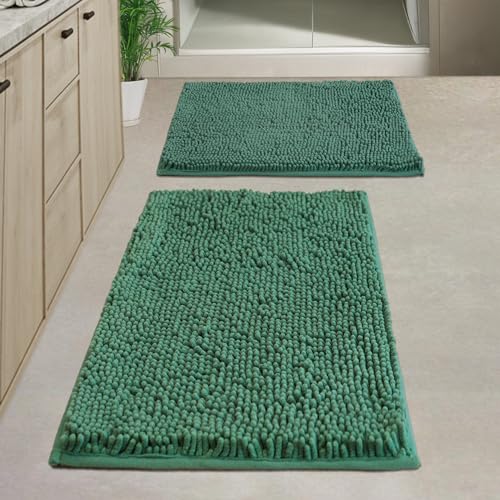 Bathroom Rugs Chenille, Extra Thick and Absorbent, Non-Slip, Machine Washable, Dry Quckily, Soft Cozy Plush, Used Under Shower Bathtub and Sink, Bath mat Sets 2Piece Dark Green - color: Dark Green, size: 16 x 24 inch + 20 x 32 inch (Rectangular)