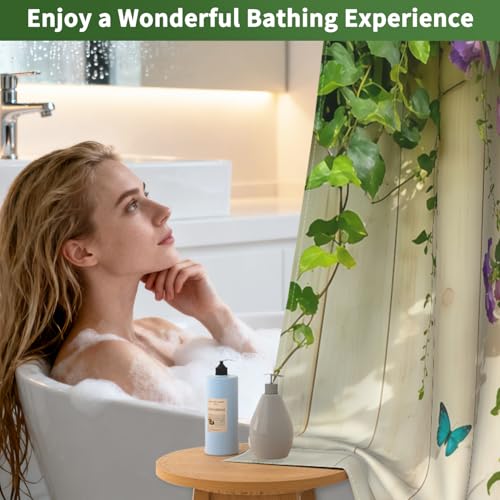 No Hook Floral Shower Curtain with Snap in Liner, Machine Washable Cloth Shower Curtain with See Through Window and Weighted Bottom, Waterproof Fabric Summer Shower Curtains for Bathroom, 71"W x 74"L - color: Flower Vine