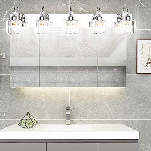 Ralbay Modern LED Crystal Bathroom Vanity Lights 5-Lights Stainless Steel Crystal Vanity Lights Over Mirror Modern Crystal Bathroom Vanity Lighting Fixtures - color: Round-Chrome, size: 5-light