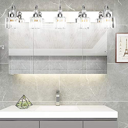 Ralbay Modern LED Crystal Bathroom Vanity Lights 5-Lights Stainless Steel Crystal Vanity Lights Over Mirror Modern Crystal Bathroom Vanity Lighting Fixtures - color: Round-Chrome, size: 5-light