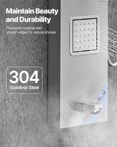 VEVOR Shower Panel Tower System with Rainfall Waterfall Shower Head, 53 in Brushed Stainless Steel Shower Column, 5-Function Faucet, Wall-Mount Rain Massage System with 2 Body Jet, Handheld, Tub Spout