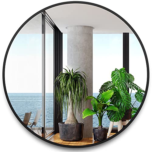 36 Inch Black Tempered Glass Round Mirror,Bathroom Mirror,Metal Frame Vanity Mirror,Circle Wall Mirror for Bathroom Bedroom Living Room Entryways Washrooms - color: Black-round, size: 36"L x 36"W