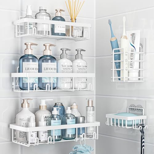 Liuoud 5 Pack Shower Caddy Organizer Rack Shelf for Inside Shower, Self Adhesive Wall Storage Basket Rustproof Stainless Steel Shampoo Holder Bathroom Accessory Decor Set, White - color: White, size: Large