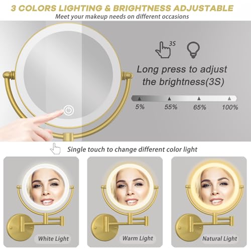 8" Make up Mirror Wall Mounted with Lights and Magnification 10X | Rechargeable, Double Sided, 3-Color LED Touch Dimmable, Brass Extended Swing Arm Foldable Makeup Cosmetic, Brushed Gold - color: Brushed Gold