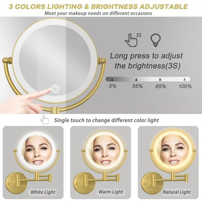 8" Make up Mirror Wall Mounted with Lights and Magnification 10X | Rechargeable, Double Sided, 3-Color LED Touch Dimmable, Brass Extended Swing Arm Foldable Makeup Cosmetic, Brushed Gold - color: Brushed Gold