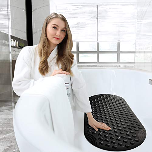 DEXI Bathtub Mat Non Slip 16x35, Shower Floor Mats for Bathroom Bath Tub | Black, Washable Oval Bathmat, Suction Cups and Drain Holes to Keep Tubs Clean - color: All Black