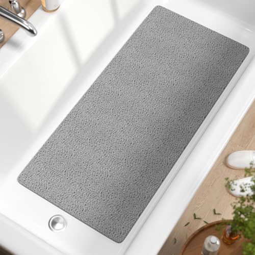 HITSLAM Bathtub Mat Non Slip, 35 x 16 Inch Long Soft PVC Loofah Shower Mat, Bath Mat for Tub Without Suction Cups, Quick Drying Bath Tub Mat for Shower and Bathroom, Easy to Clean, Grey - color: Grey