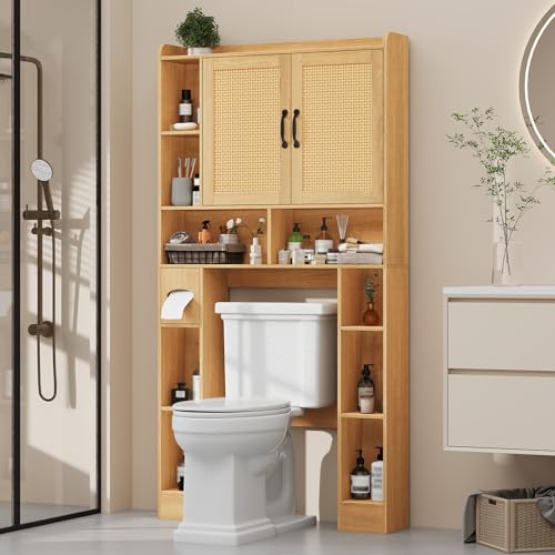 Vabches Farmhouse Style Rattan Over-The-Toilet Storage Cabinet with 2 Rattan Doors, Toilet Paper Holder - Space-Saving Oak Bathroom Organizer. - color: Rattan Oak