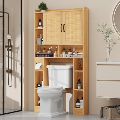 Vabches Farmhouse Style Rattan Over-The-Toilet Storage Cabinet with 2 Rattan Doors, Toilet Paper Holder - Space-Saving Oak Bathroom Organizer. - color: Rattan Oak