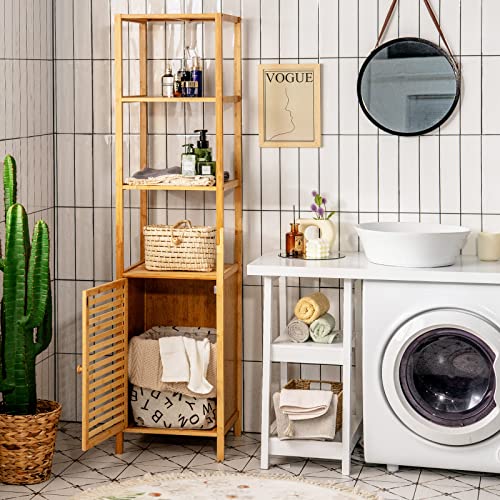 Tangkula Bathroom Cabinet, 65 Inch Tall Slim Bathroom Storage Cabinet with Shutter Door and 3 Open Shelves, Narrow Multifunctional Tower Cabinet, Natural Bamboo, 15.5 x 14.5 x 65 Inch - style: Tall Cabinet