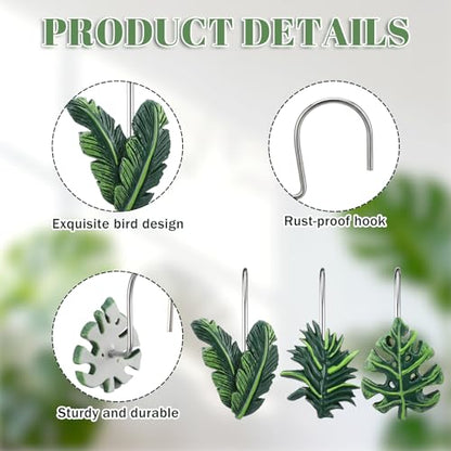 12 Pcs Tropical Leaf Decorative Shower Curtain Hooks Cute Green Monstera Deliciosa Leaves Curtain Rings Hanger Stainless Steel Resin Tropical Botanical Themed Hooks for Home Bathroom Decor - style: Tropical