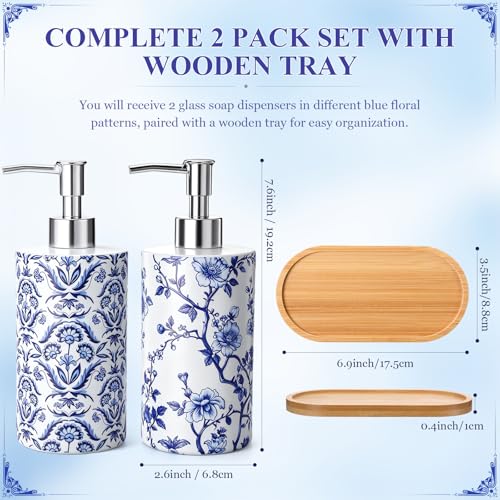 2 Pcs Chinoiserie Floral Soap Dispensers with Wooden Tray | Glass Soap Dispensers, Refillable, Decorative Pump Bottles, for Bathroom, Kitchen, Countertop Decor