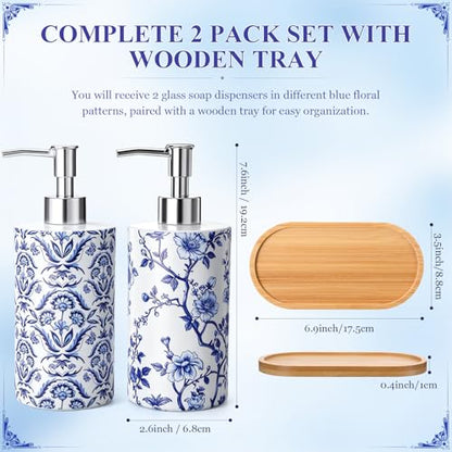 2 Pcs Chinoiserie Floral Soap Dispensers with Wooden Tray | Glass Soap Dispensers, Refillable, Decorative Pump Bottles, for Bathroom, Kitchen, Countertop Decor