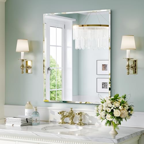 Frameless Bathroom Mirror, 30"x36" Beveled Wall Mirror | Frameless Mirror over sink, Living Room, Bedroom, Vanity, Entryway, Fireplace, Hangs Horizontally or Vertically - size: 36"L x 30"W