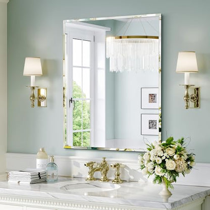 Frameless Bathroom Mirror, 30"x36" Beveled Wall Mirror | Frameless Mirror over sink, Living Room, Bedroom, Vanity, Entryway, Fireplace, Hangs Horizontally or Vertically - size: 36"L x 30"W