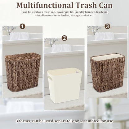 Wicker Trash Can with Lid and Liner, Handwoven Wicker Waste Basket, Water Hyacinth Bathroom Trash Can, Boho Rattan Garbage Wastebasket for Bedroom Home Living Room Office, 2.5 Gallon, Espresso - color: Espresso