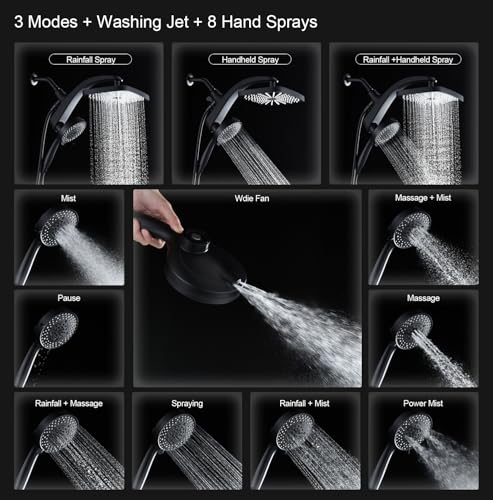 12" High Pressue Rain Shower Head with Handheld, 9 Sprays Hand Showerhead | Shower Heads with Handheld Spray Combo, Dual Head, Built-in Magnetic Docking, Power Jets, 59" Shower Hose, Black 1.75GPM - color: Black