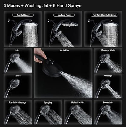 12" High Pressue Rain Shower Head with Handheld, 9 Sprays Hand Showerhead | Shower Heads with Handheld Spray Combo, Dual Head, Built-in Magnetic Docking, Power Jets, 59" Shower Hose, Black 1.75GPM - color: Black