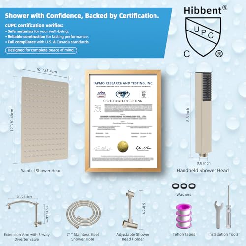 Hibbent All Metal CUPC Certified 12'' Rainfall Shower Head, Dual Shower Head Combo, High Pressure Handheld 4 Sprays Shower Wand, 16'' Adjustable Extension Arm, 71'' Hose, Shower Holder, Brushed Nickel - color: Brushed Nickel, style: Square 12''