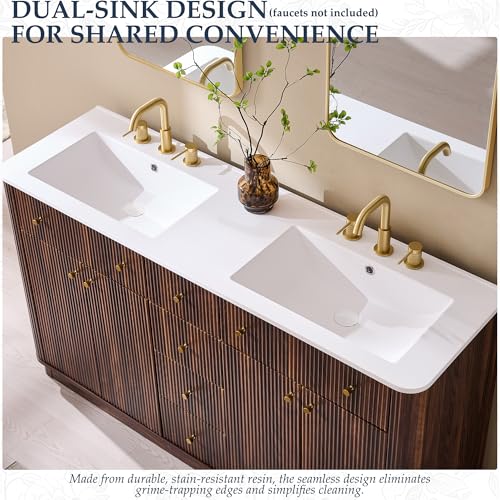 T4TREAM 60" Fluted Bathroom Vanity with Double Sink, Dark Walnut | Integrated Resin Sink, 2 Large Storage Cabinets, Adjustable Shelf, 3 Drawers, Three pre-drilled faucet holes, Mid-Century - color: Dark Walnut, size: 60" (Bouble Sink)