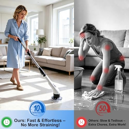 Electric Spin Scrubber, Cordless Shower Scrubber with 9 Scrub Brushes, 2 Speed & Battery Level Display, Adjustable Extension Handle Power Scrubber for Bathroom Tile Tub Floor