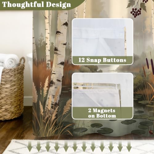 No Hook Birch Trees Shower Curtain with Snap in Liner, 71Wx74L | Double Layer Waterproof Bath Curtain with Mesh Top, Nature Misty Forest Woodland & Lake Landscape Print for Rustic Bathroom - color: Nature Landscape