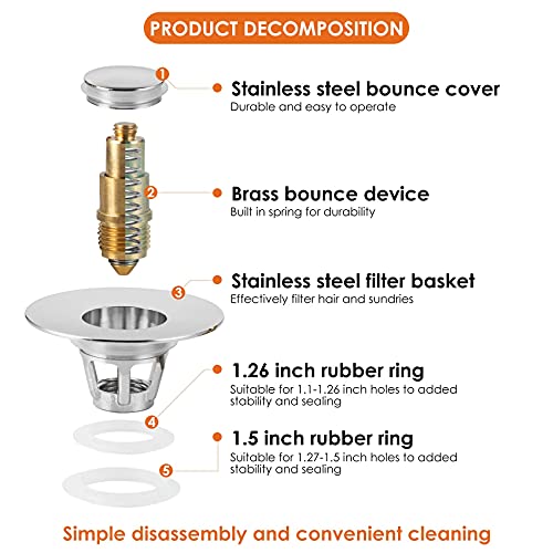 Universal Bathroom Sink Stopper, Basin Pop-up Bathroom Sink Drain Strainer, Bathroom Drain Stopper with Stainless Steel Hair Catcher for 1.1-1.5 Inch Drain(1 PCS, Silver) - color: Chrome Silver