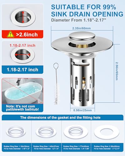 Bathroom Sink Stopper, 1PC Universal Bathroom Sink Drain Strainer, Pop Up Drain for Bathroom Sink, Sink Plug Hair Catcher, Pop-Up Drain Stopper with Removable Hair Catcher, Fit 1.18"-2.17"