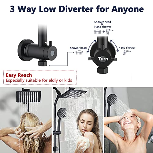 Rainfall 8 Inch Shower Head with High Pressure Handheld Spray Combo, Drill-Free Slide Bar with Adjustable Shower Extension Arm, 3-Way Low Diverter for Easy Reach, 5Ft Hose- Matte Black - color: Matte Black