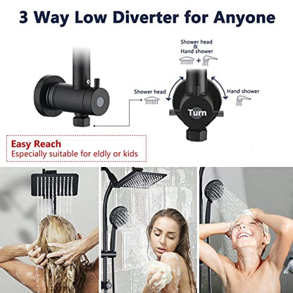 Rainfall 8 Inch Shower Head with High Pressure Handheld Spray Combo, Drill-Free Slide Bar with Adjustable Shower Extension Arm, 3-Way Low Diverter for Easy Reach, 5Ft Hose- Matte Black - color: Matte Black