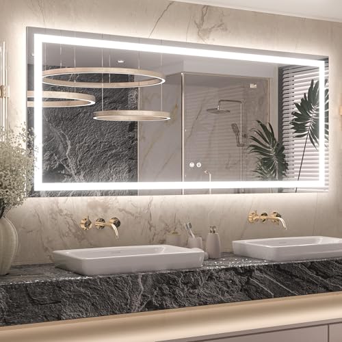 Keonjinn 60x28 Inch LED Bathroom Mirror with Lights, Stepless Dimmable | HD Tempered Grass, 3-Color Temperature & Frontlit & Backlit, Fast & Safe Defogging, Effortless Installation - size: 28"L x 60"W
