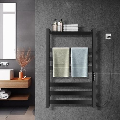 Towel Warmer 6 Bars with Shelf, Stainless Steel Towel Warmer Rack | for Bathroom, Wall Mounted Towel Heater with Intelligent Touch Screen Timer, Hard Wired/Plug-in, Black - size: 6 Bars with Shelf