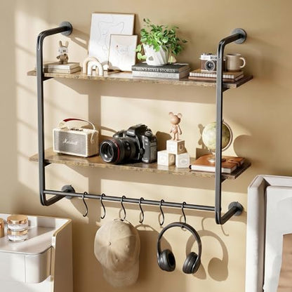2 Tier Industrial Pipe Floating Shelf, 31.5" Kitchen Wall Shelves | with Towel Bar & 6 Hooks, Coffee Bar Shelves Display Bookshelf Wall Shelf for Kitchen, Bathroom, Home Décor, Rustic Brown - size: 31.5 Inch（2 Tier）