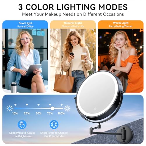 Auxmir 9″ 5000mAh 1X/30X Wall Mounted Lighted Magnifying Makeup Mirror | Power Adapter&2 Tweezers Included/ 3 Dimmable Colors/ Dual Sided Button Control/ Rechargeable/ 360° Rotation Extended Arm - color: 9'' 30x-black+adapter