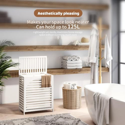 Laundry Hamper with Lid, Bamboo with Handles and Removable Liner Bag, 125L Laundry Basket for Bedroom, Bathroom & Laundry Room (White) - color: White