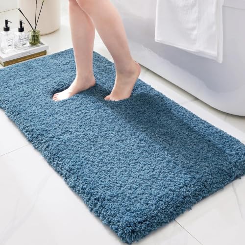 Bathroom Rugs Non Slip Washable 59x24, Ultra Thick Soft Microfiber Absorbent Bath Mats, High Density Foam Latex Non Slip Backing Bath Rugs, Fluffy Floor Carpet for Tub&Shower, Blue - color: Blue, size: 59" X 24"(Bathroom Rug)