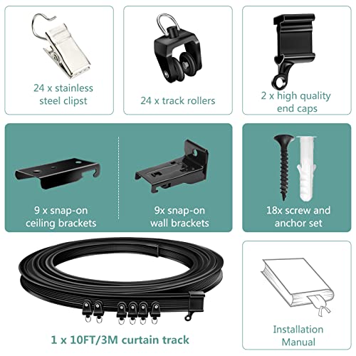 Ceiling Curtain Track, Flexible Bendable Curtain Track 10 Ft Black Curved Curtain Rail Track Ceiling Wall Mount Sliding Curtain Ceiling Track System Set for RV, Bay Window, Room Divider - color: Black, size: 10Ft