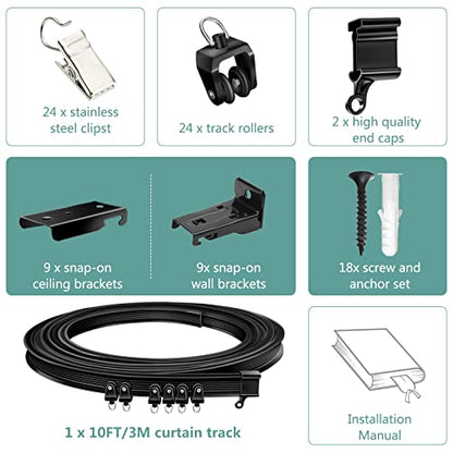 Ceiling Curtain Track, Flexible Bendable Curtain Track 10 Ft Black Curved Curtain Rail Track Ceiling Wall Mount Sliding Curtain Ceiling Track System Set for RV, Bay Window, Room Divider - color: Black, size: 10Ft
