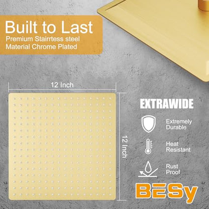 12 In Rain Shower Head High Pressure Rainfall Shower Head Brushed Gold | Square Rain Bathroom Showerhead, High Flow, Large Stainless Steel, Ceiling Mounted, Wall Mounted, Waterfall Full Body - color: Brushed Gold, size: 12 Inch