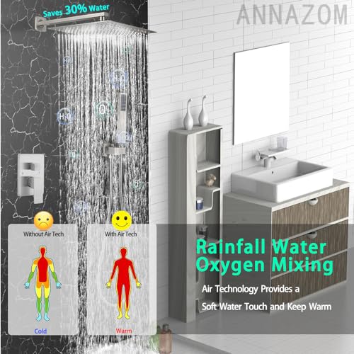 Shower Faucet Combo Set with Shower Spray Wand Large 12 Inch Shower Head Brushed Nickel Surface High Pressure with Rough-in Valve, Brushed Nickel - color: Brushed Nickel, style: 12"- 2 Function