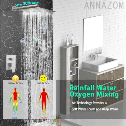 Shower Faucet Combo Set with Shower Spray Wand Large 12 Inch Shower Head Brushed Nickel Surface High Pressure with Rough-in Valve, Brushed Nickel - color: Brushed Nickel, style: 12"- 2 Function