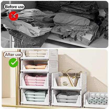 4 Pack Folding Closet Organizers Storage Box, Stackable Storage Bins, Plastic Drawer Basket Closet Storage for Wardrobe Cupboard Kitchen Bathroom Office White-4L | White Stackable Plastic Drawer Bins for Closets, Wardrobes, Kitchens, Bathrooms, Offices -