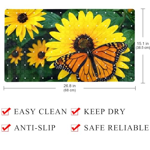 Shower Mat Non-Slip Bathtub Mats with Suction Cups and Drain Holes, Butterfly Sunflowers Design, Easy to Clean for Bathroom, 26.8x15.1In - color: Multi 7