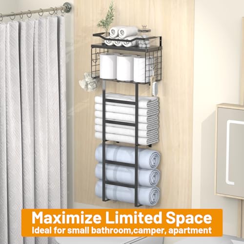 Towel Racks for Bathroom Black, 34IN Rolled Towel Holder, Towel Rack Wall Mounted with 2 Pack Shelf and a Wire Basket, Bathroom Towel Storage and Organizer, Sturdy Metal & Wood - color: All Black