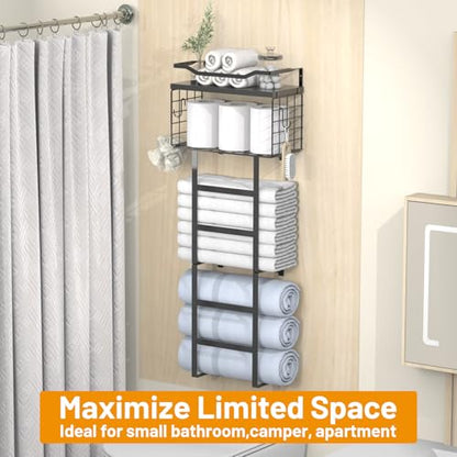 Towel Racks for Bathroom Black, 34IN Rolled Towel Holder, Towel Rack Wall Mounted with 2 Pack Shelf and a Wire Basket, Bathroom Towel Storage and Organizer, Sturdy Metal & Wood - color: All Black