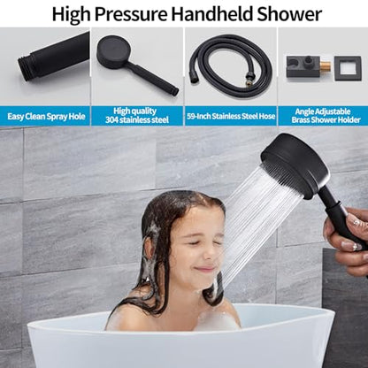 Matte Black Rainfall Shower Head, Wall Mounted 8 Inch Shower Heads with Handheld Spray Combo, Luxury Bathroom Square Rain Shower System, Solid Brass Pressure Balancd Shower Faucet Valve - color: Matte Black, style: 8 Inch