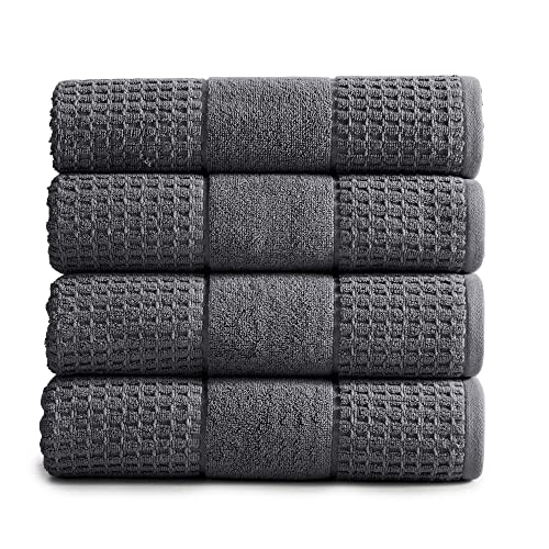 Market & Place 100% Cotton Super Soft Luxury Bath Towel Set | Quick-Dry and Highly Absorbent | Waffle Textured | 550 GSM | Includes 4 Bath Towels | Harper Collection (Dark Grey) - color: Dark Grey, size: Bath Towel (4-Pack)