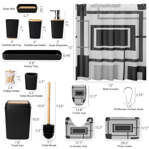 XLHOMO Black and Gold Bathroom Accessories Set - 24PCS with Shower Curtain, Rugs, and Waterproof Curtain Set - size: Bath Set+Shower Curtain+Bath Rugs, style: Black5
