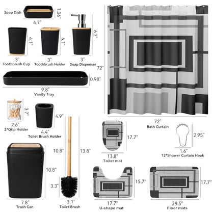 XLHOMO Black and Gold Bathroom Accessories Set - 24PCS with Shower Curtain, Rugs, and Waterproof Curtain Set - size: Bath Set+Shower Curtain+Bath Rugs, style: Black5